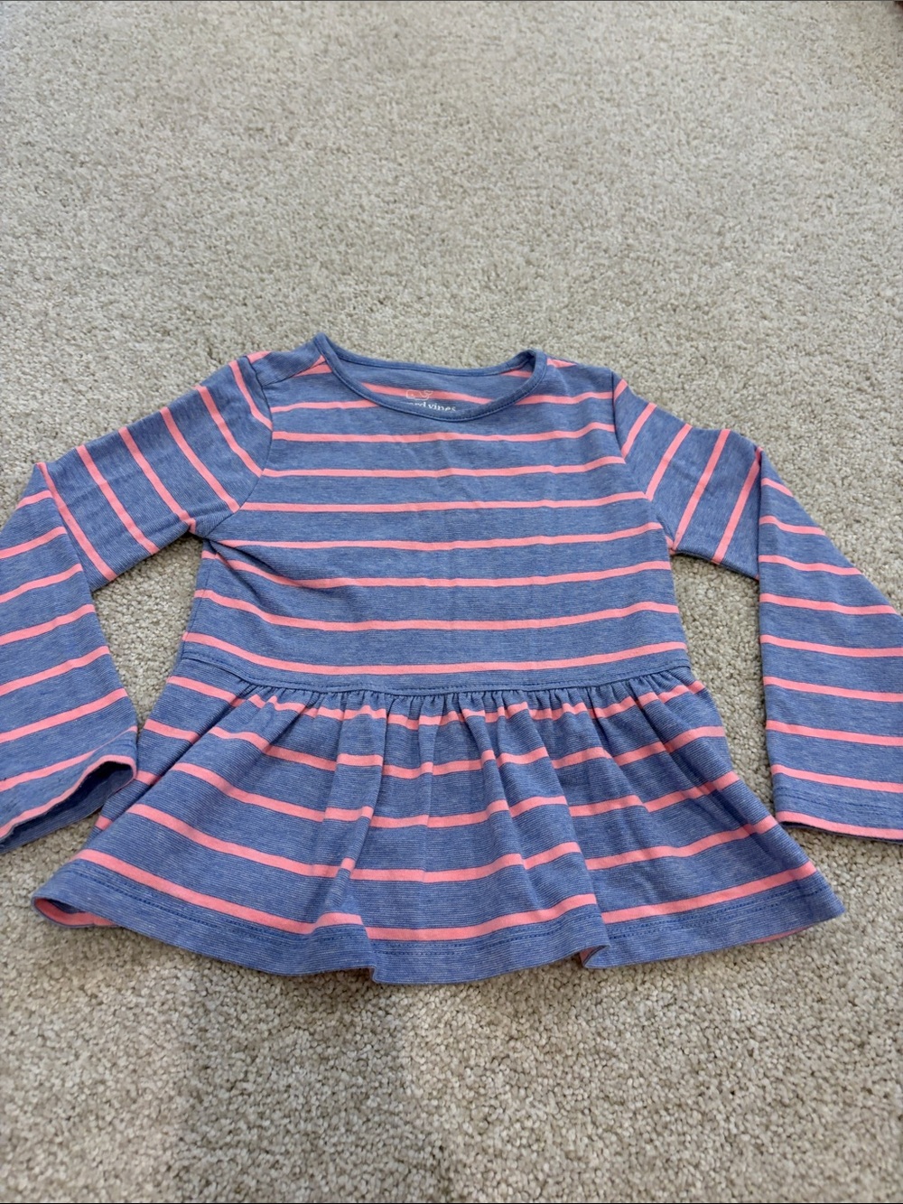 Vineyard Vines Girls Long Sleeve Peplum Top in Blue & Pink Stripes